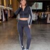 Conjunto Fitness Cropped Manga Longa e Calça Listras - Preto