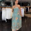 Vestido Longo Floral Fundo Azul Piscina / Estampa - Fundo Azul Piscina Estampa Marrom