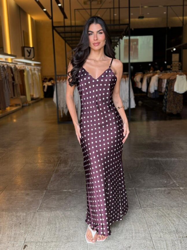 Vestido Cetim Poá Longuete - Vinho