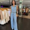 Conjunto Jeans Calça Wide Leg e Colete - Jeans Claro