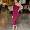 Vestido Modal Midi Um Ombro Só Manga Longa - Marsala