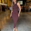 Vestido Midi Modal Gola Alta - Marrom