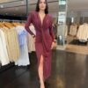 Vestido Longo Feminino Manga Longa Fenda Frontal - Marsala