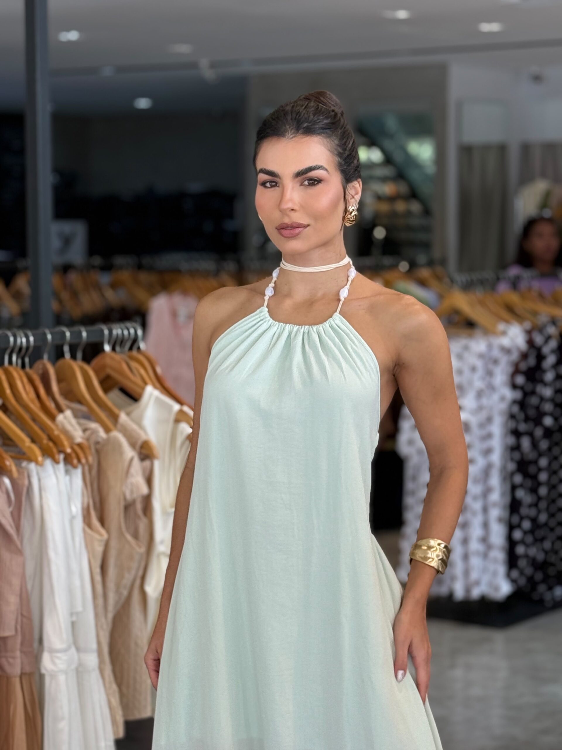 Vestido Longo Amarração Detalhe Pedra - Verde