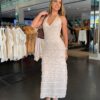 Vestido Longo Tricô Frente Única Detalhe Babado - Off White