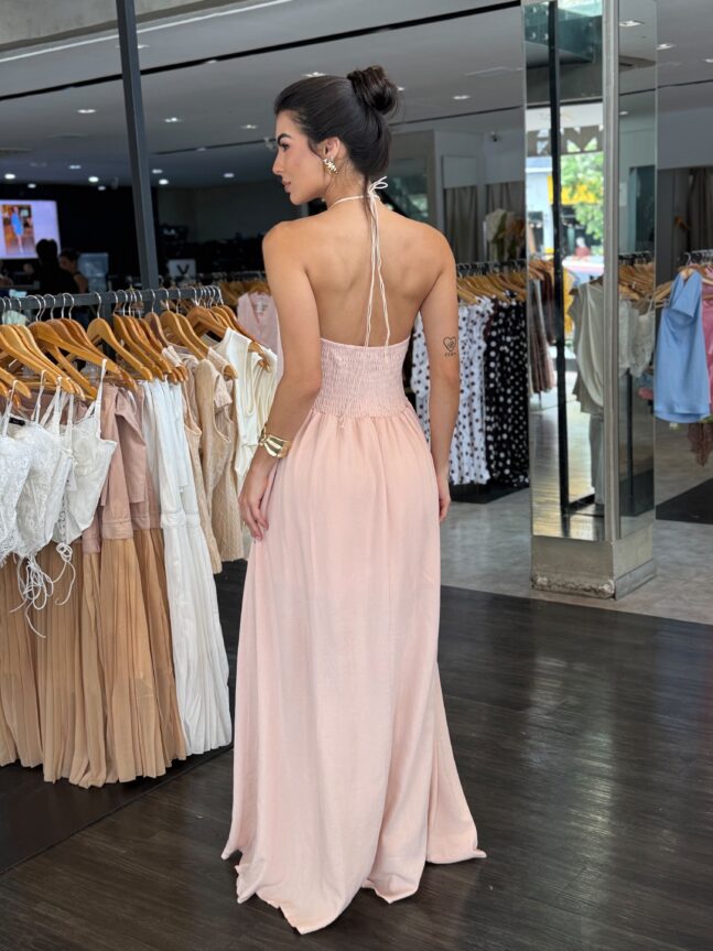 Vestido Longo Amarração Detalhe Pedra - Rosa
