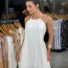 Vestido Longo Amarração Detalhe Pedra - Branco