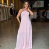 Vestido Longo Frente Única Pedraria Pescoço - Rosa Claro