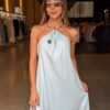 Vestido Longo Amarração Detalhe Pedra - Azul