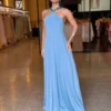 Vestido Longo Frente Única Pedraria Pescoço - Azul Claro