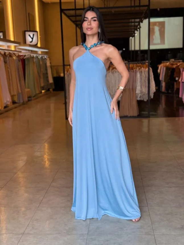 Vestido Longo Frente Única Pedraria Pescoço - Azul Claro
