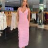 Vestido Longo Tricô Frente Única Detalhe Babado - Rosa