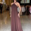 Vestido Longo Frente Única Pedraria Pescoço - Marrom