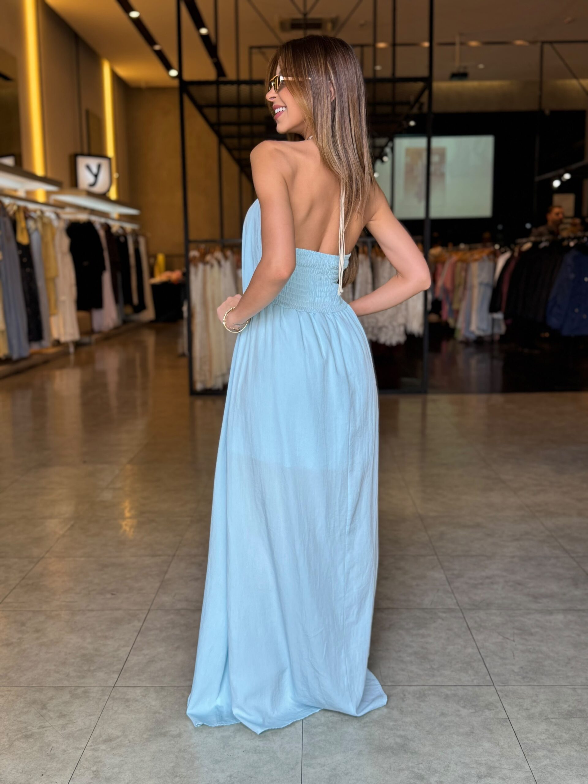 Vestido Longo Amarração Detalhe Pedra - Azul