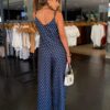 Macacão Longo Poá Pantalona - Azul Marinho Poá
