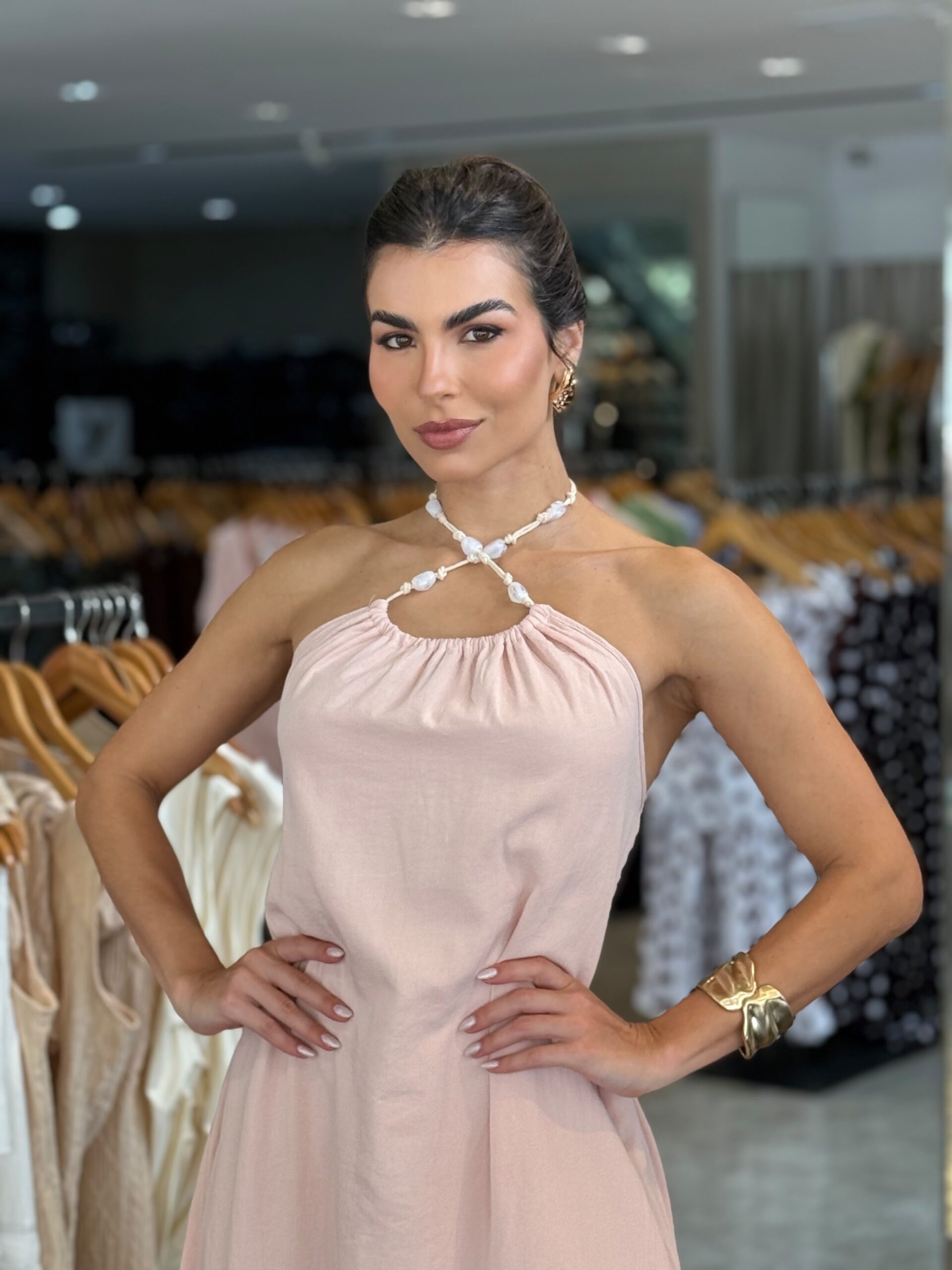 Vestido Longo Amarração Detalhe Pedra - Rosa