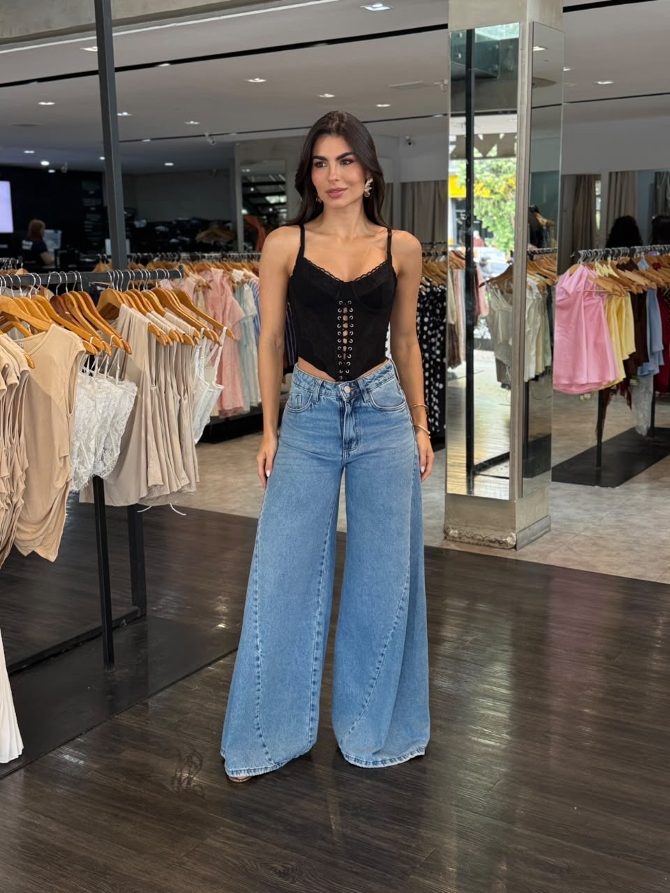 Calça Jeans Wide Leg Cintura Alta - Lavagem Jeans