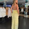 Vestido Longo Tricô Frente Única Detalhe Babado - Amarelo