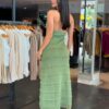 Vestido Longo Tricô Frente Única Detalhe Babado - Verde