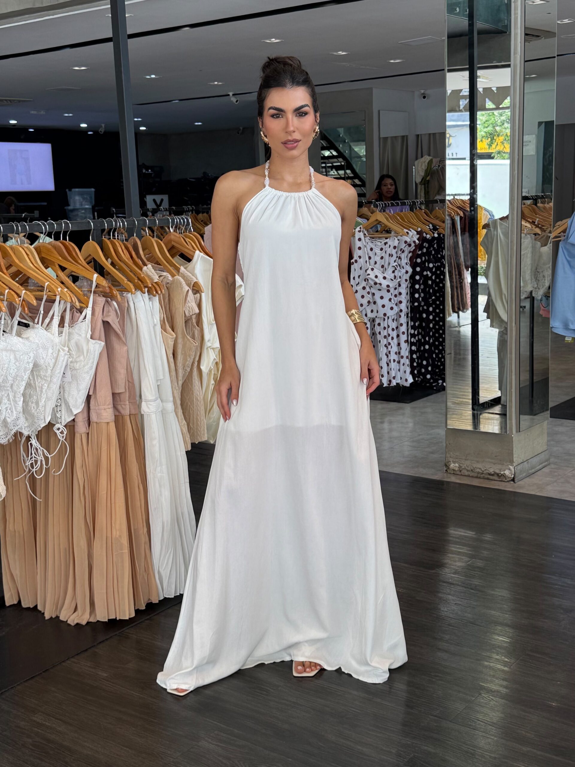 Vestido Longo Amarração Detalhe Pedra - Branco