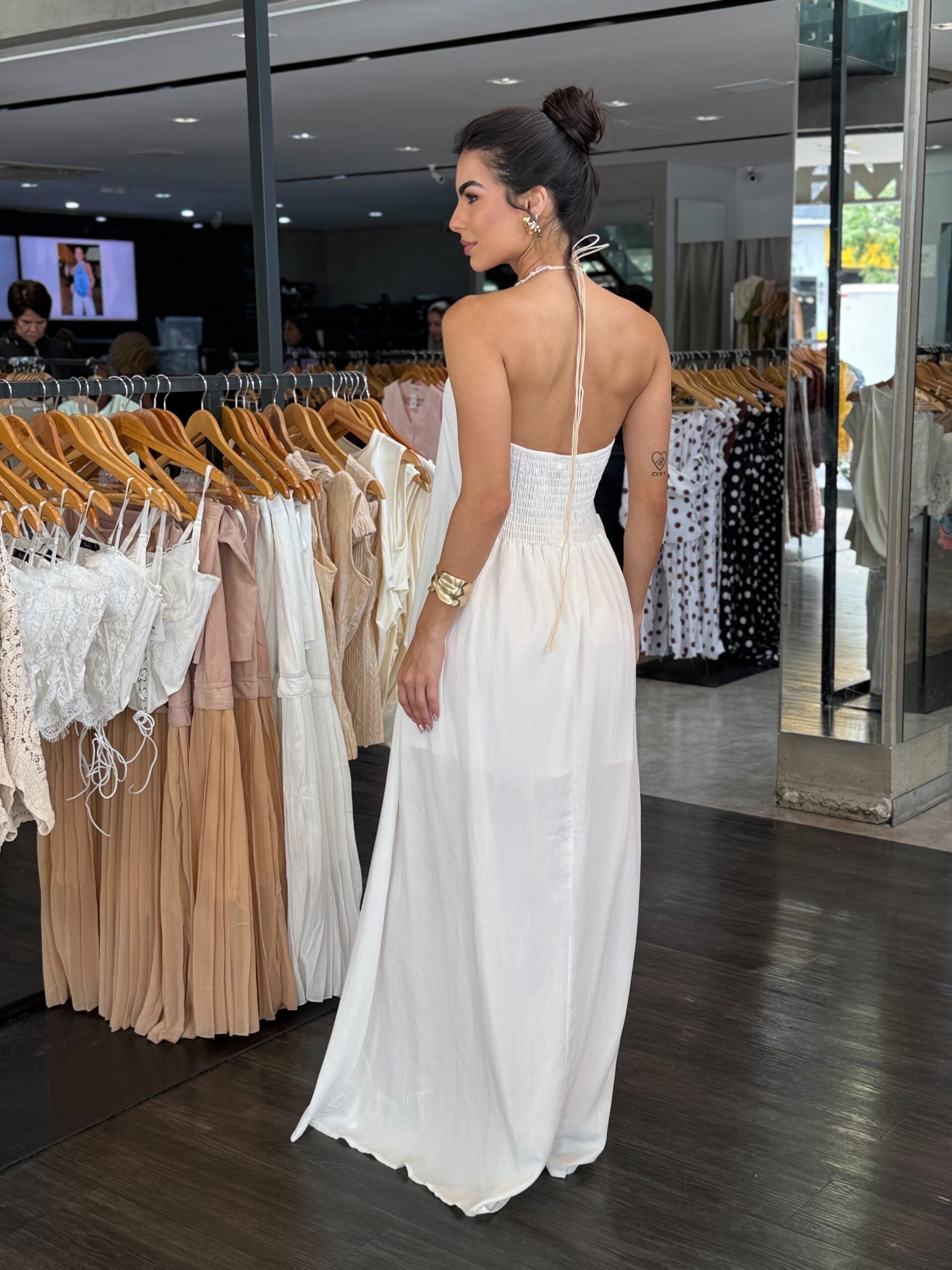 Vestido Longo Amarração Detalhe Pedra - Branco