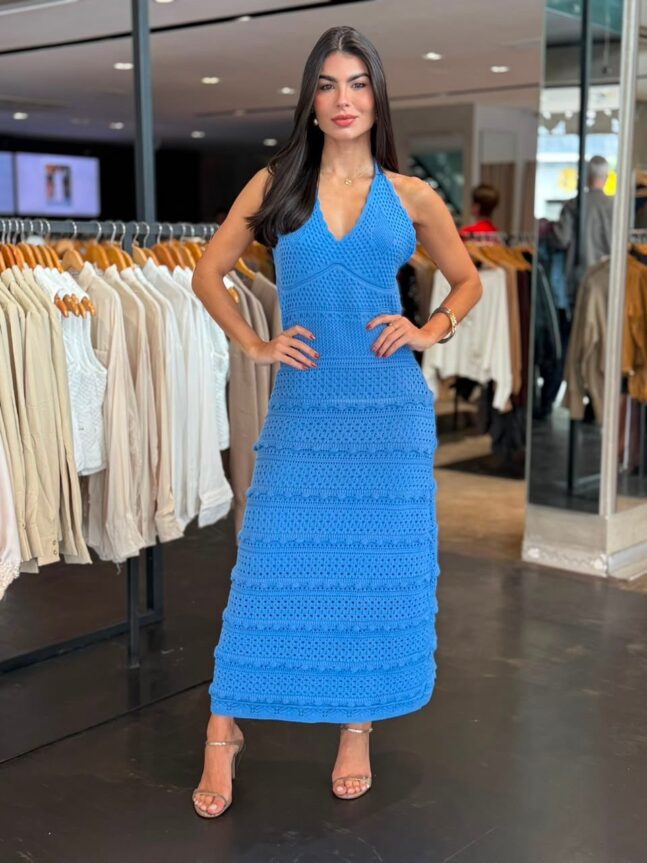 Vestido Longo Tricô Frente Única Detalhe Babado - Azul Piscina