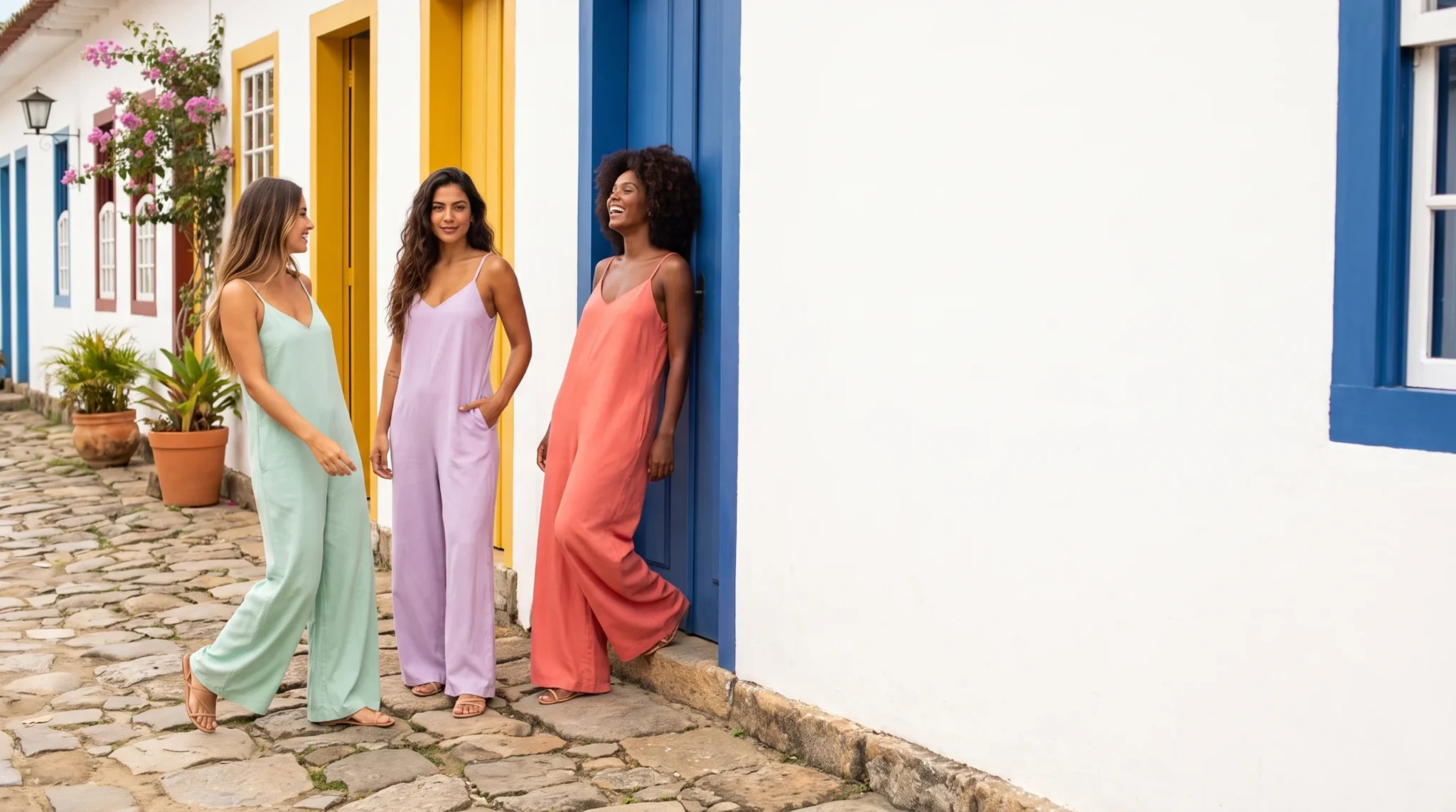 Três amigas numa rua de pedra de cidade colonial brasileira usando o Macacão Luísa nas cores verde menta, lilás e coral