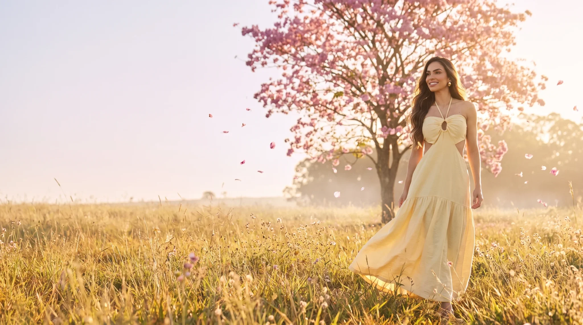 Mulher de vestido longo amarelo caminhando num campo florido ao amanhecer, sob um ipê-rosa