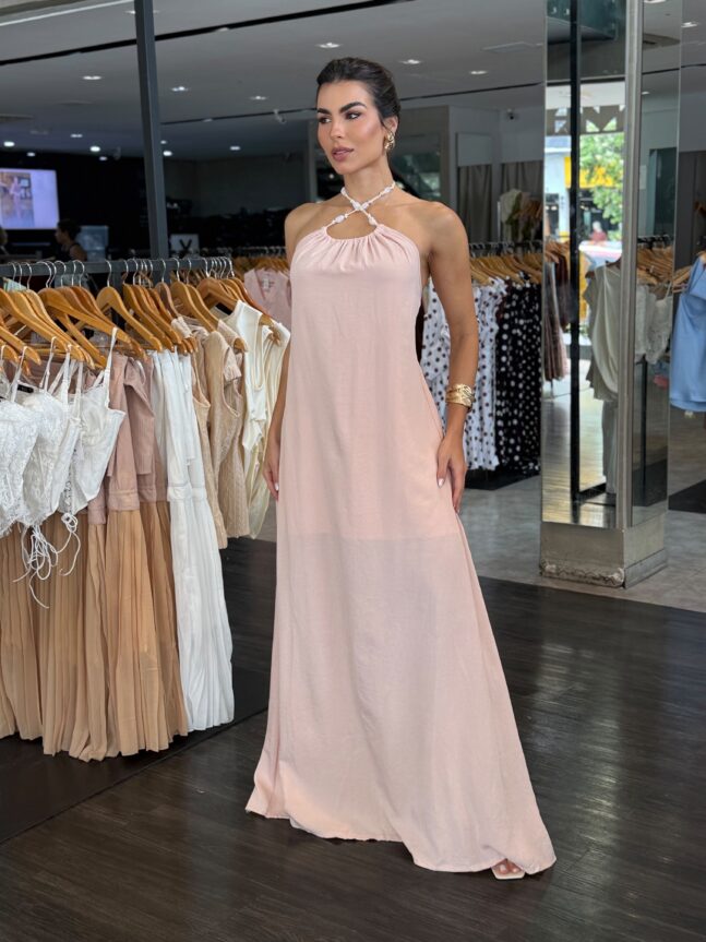 Vestido Longo Amarração Detalhe Pedra - Rosa