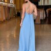 Vestido Longo Frente Única Pedraria Pescoço - Azul Claro