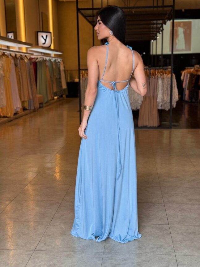 Vestido Longo Frente Única Pedraria Pescoço - Azul Claro