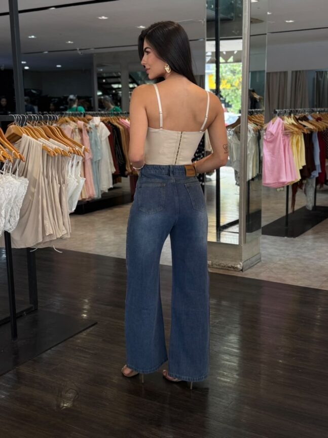 Calça Jeans Wide Leg com Brilho - Azul Escuro