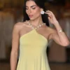 Vestido Longo Frente Única Pedraria Pescoço - Amarelo