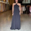Vestido Longo Frente Única Pedraria Pescoço - Preto