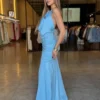 Vestido Longo Decote Colar - Azul