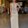 Vestido Longo Decote Colar - Nude