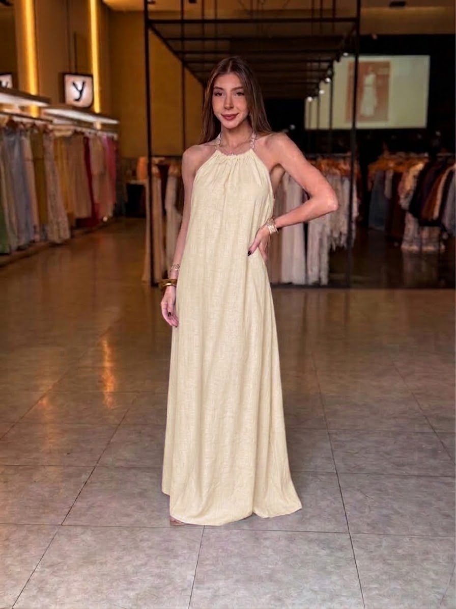 Vestido Longo Amarração Detalhe Pedra - Amarelo